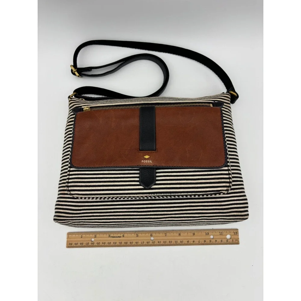 FOSSIL Striped Leather Crossbody Handbag Bag Black Brown‎ Gold Brass Prep Medium